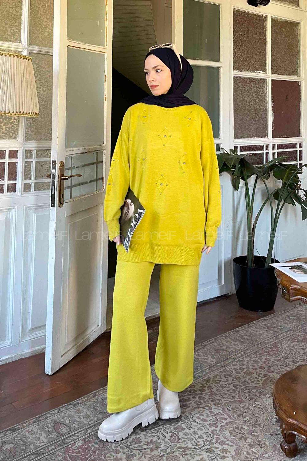 Oil Green Mock Turtle Neck Long Arm Without Accessories Acrylic Regular Trousers Comfortable Suit