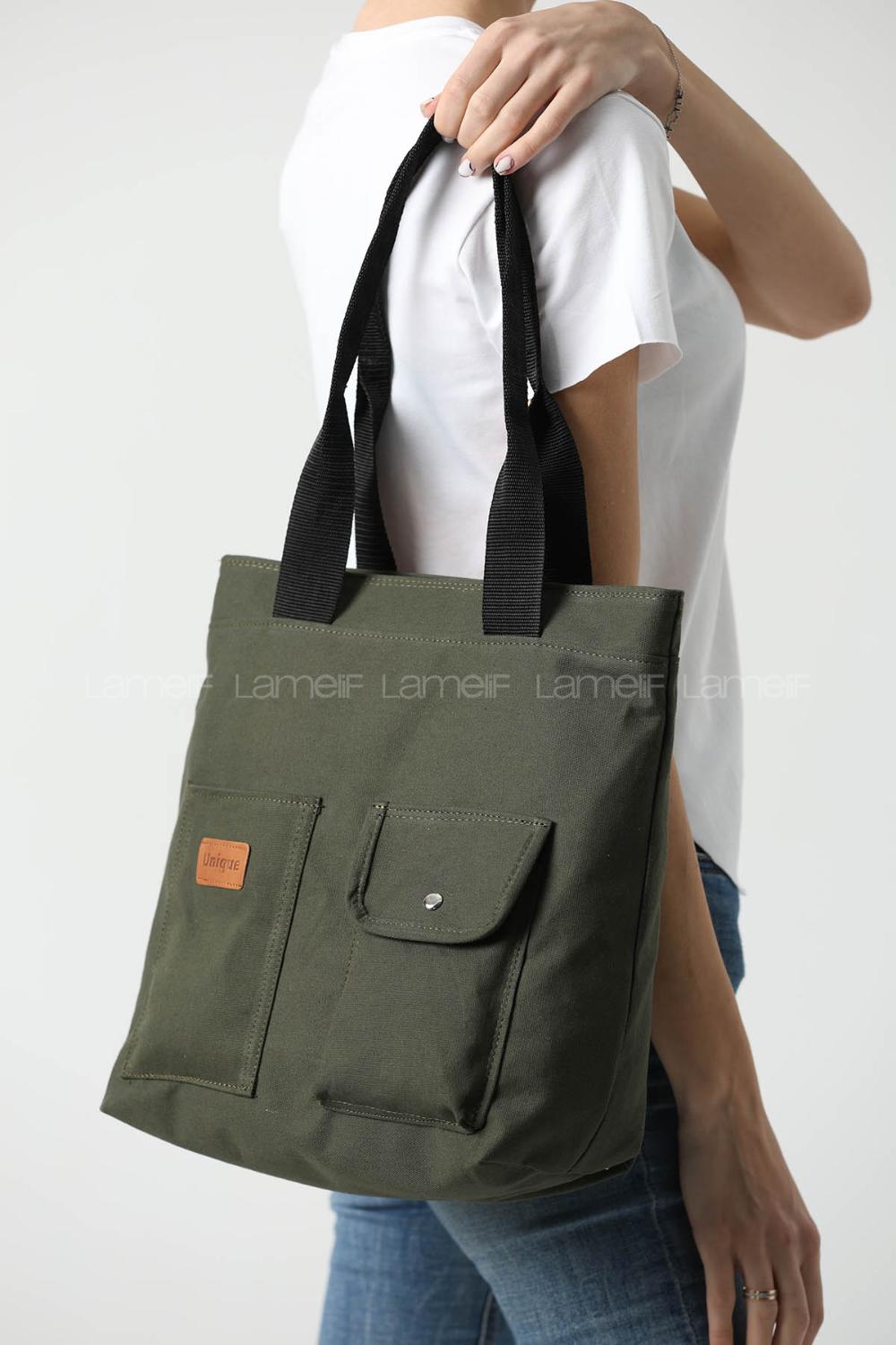 Lamelif Büyük Boy Üç Bölmeli Kanvas Kadın Çanta Haki