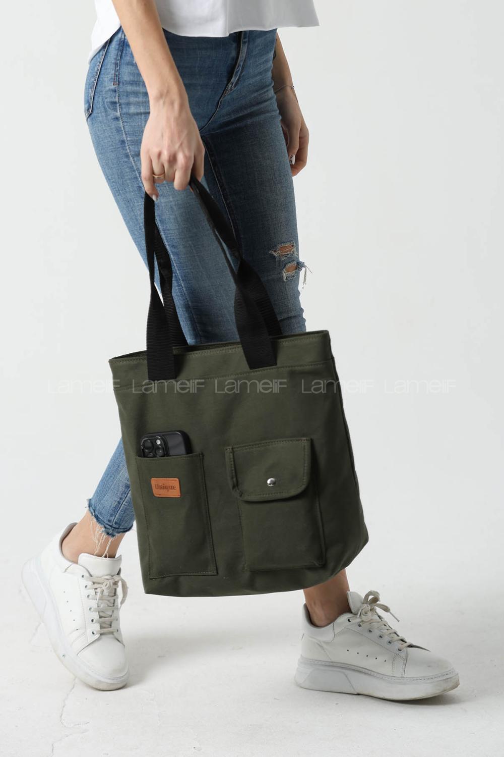 Lamelif Büyük Boy Üç Bölmeli Kanvas Kadın Çanta Haki