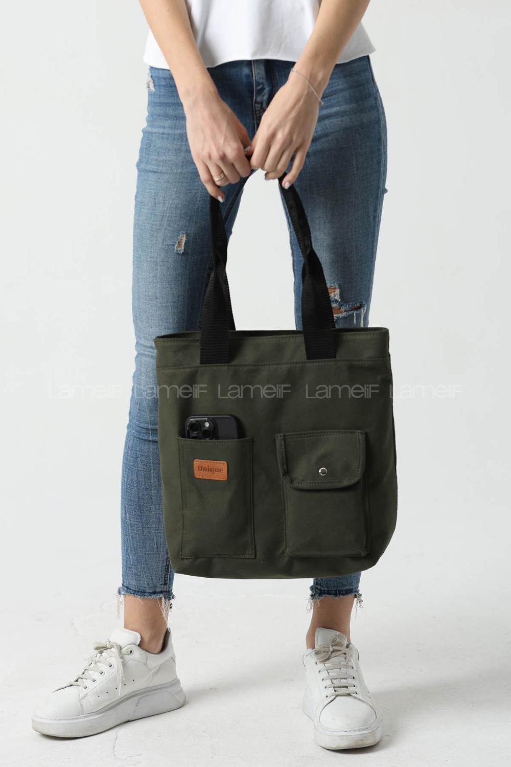 Lamelif Büyük Boy Üç Bölmeli Kanvas Kadın Çanta Haki