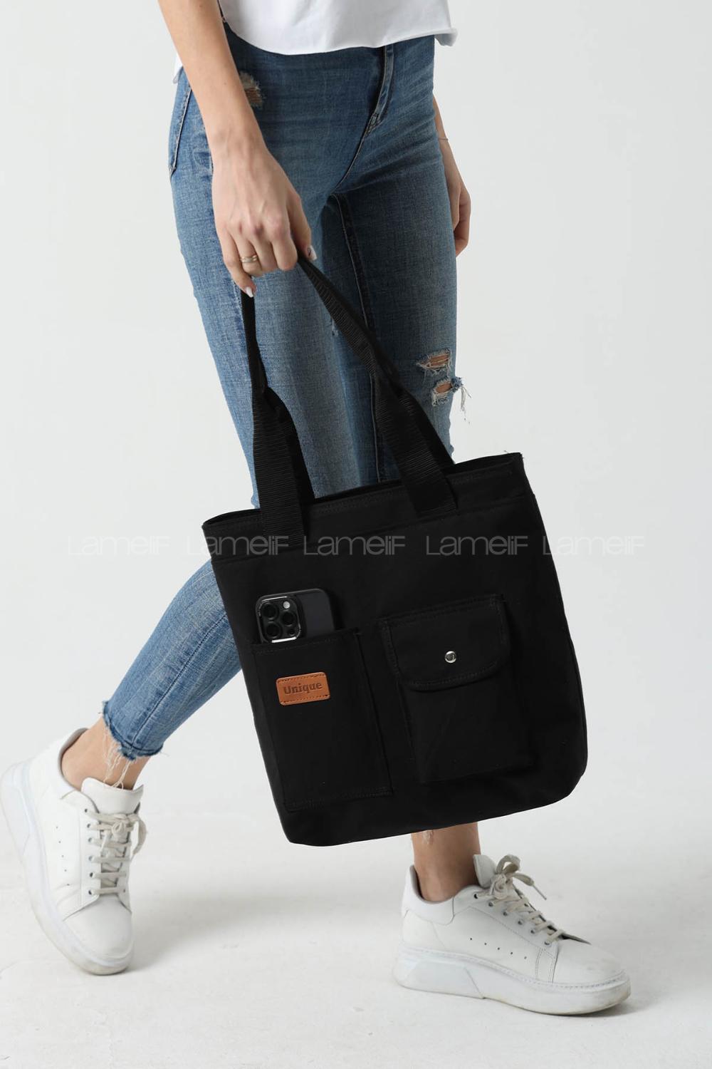 Lamelif Büyük Boy Üç Bölmeli Kanvas Kadın Çanta Siyah