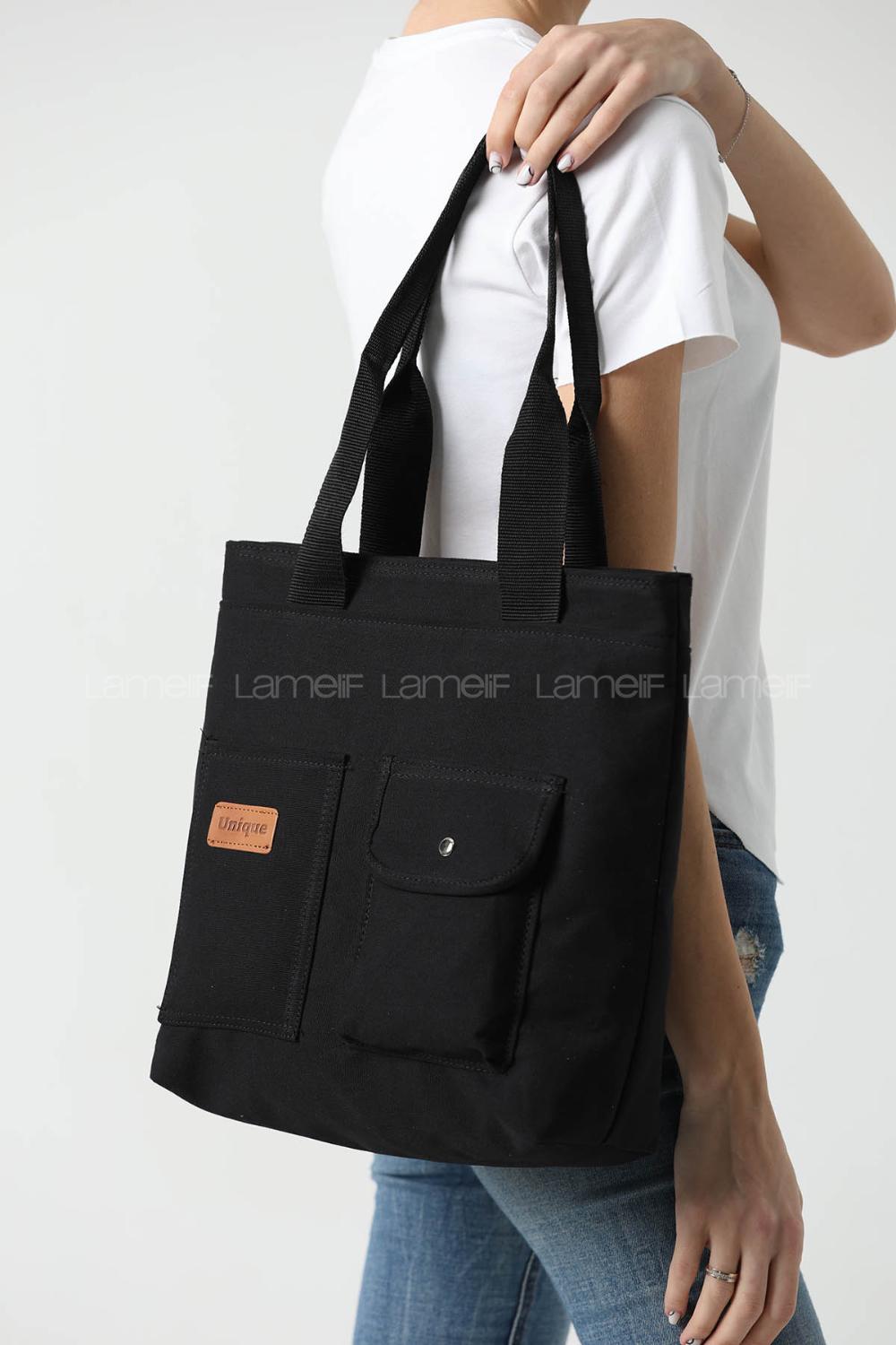 Lamelif Büyük Boy Üç Bölmeli Kanvas Kadın Çanta Siyah