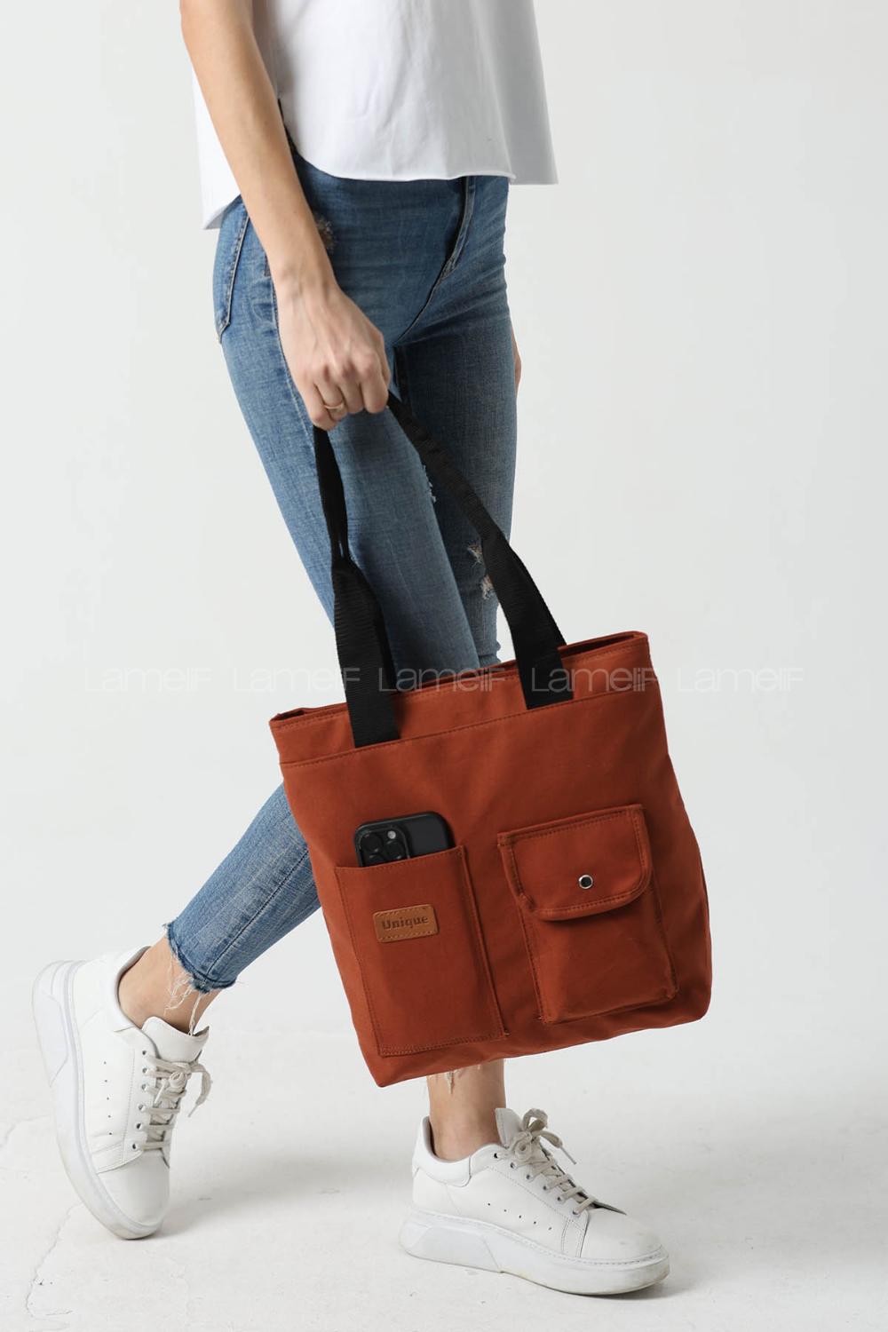 Lamelif Büyük Boy Üç Bölmeli Kanvas Kadın Çanta Taba