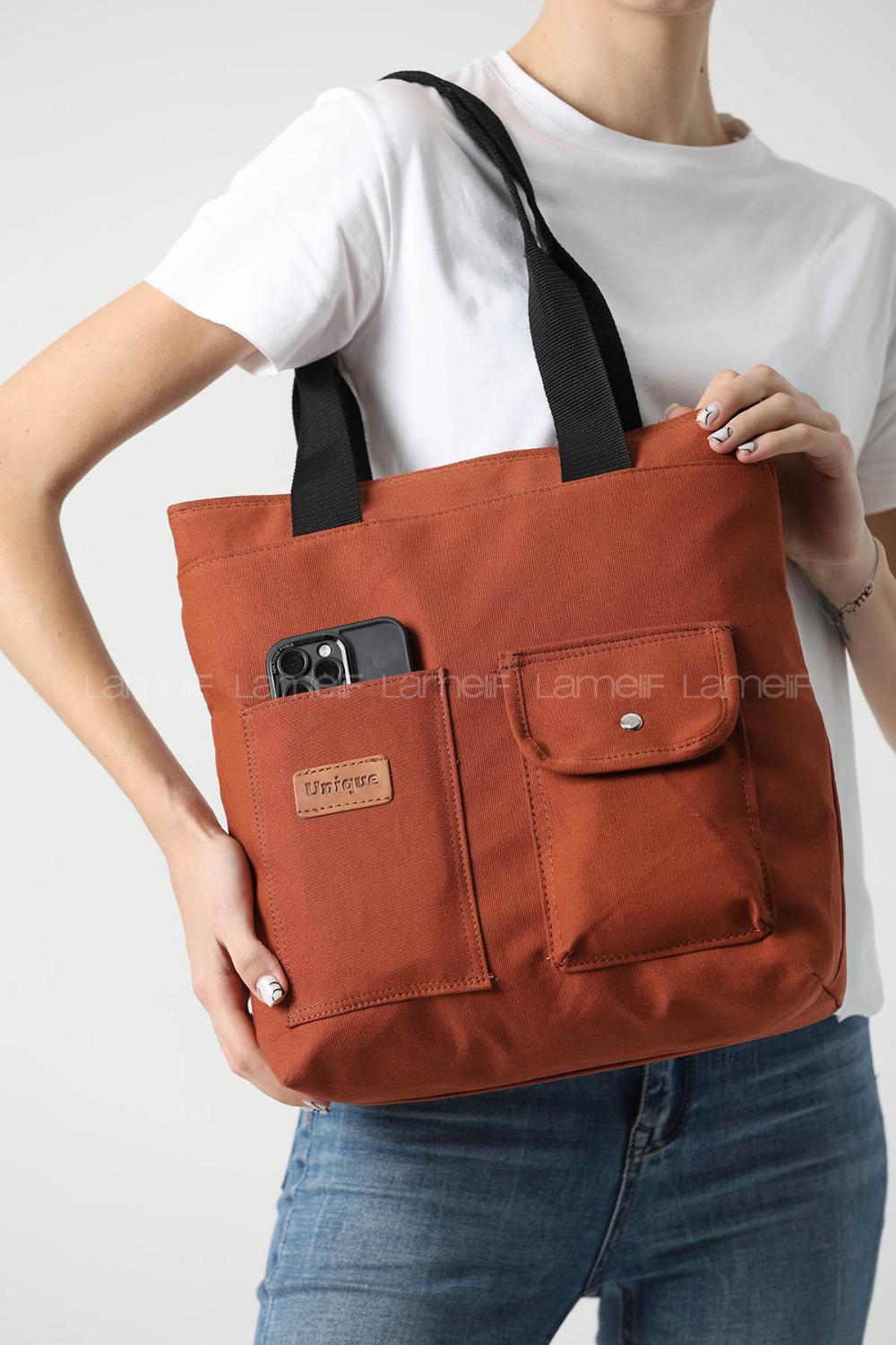 Lamelif Büyük Boy Üç Bölmeli Kanvas Kadın Çanta Taba