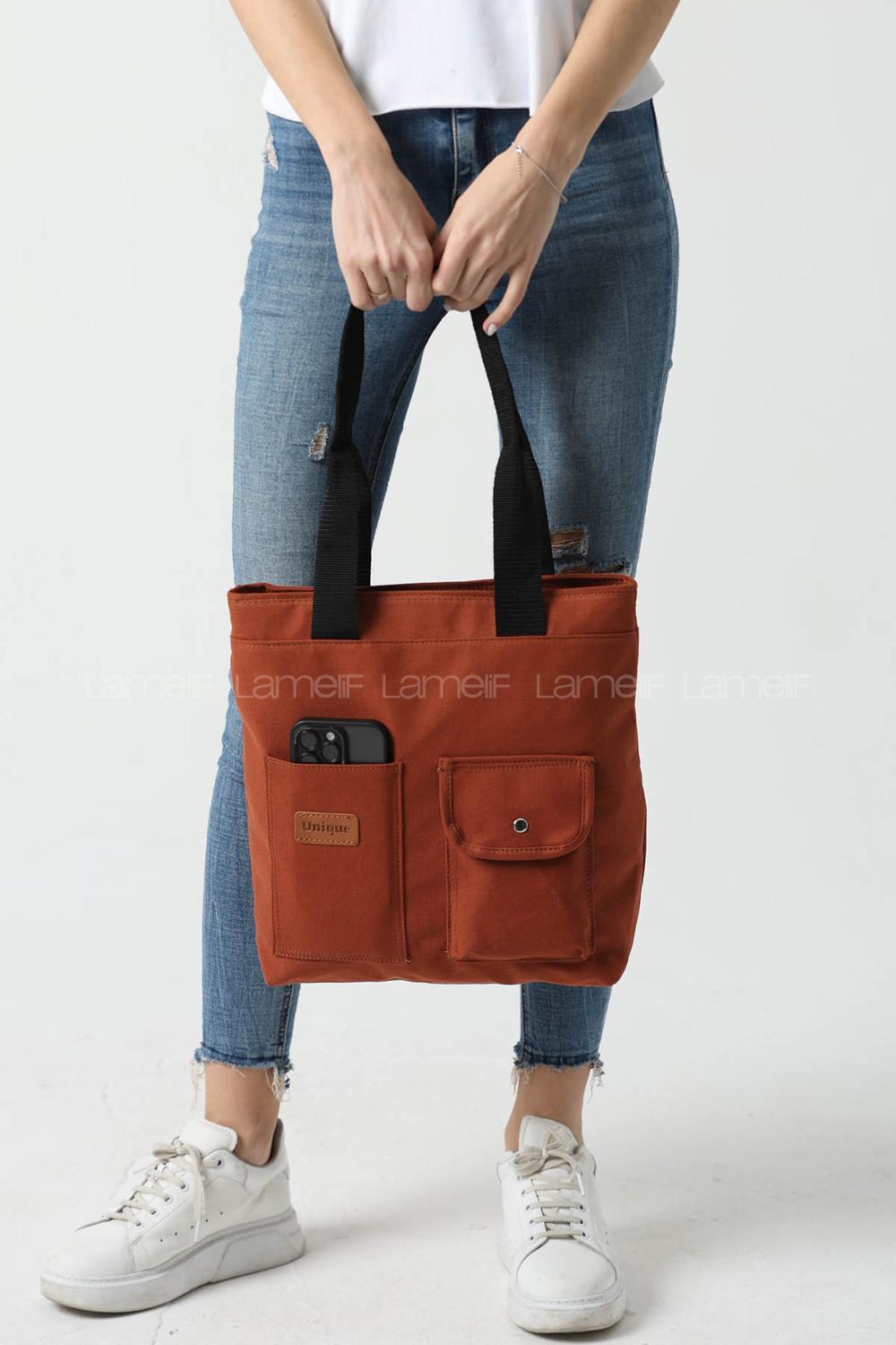 Lamelif Büyük Boy Üç Bölmeli Kanvas Kadın Çanta Taba