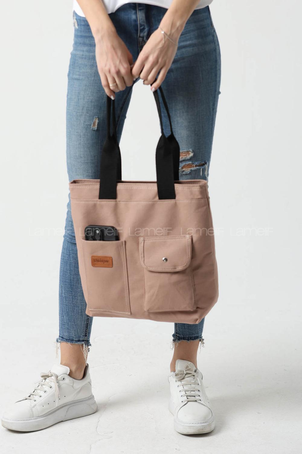 Lamelif Büyük Boy Üç Bölmeli Kanvas Kadın Çanta Vizonrengi