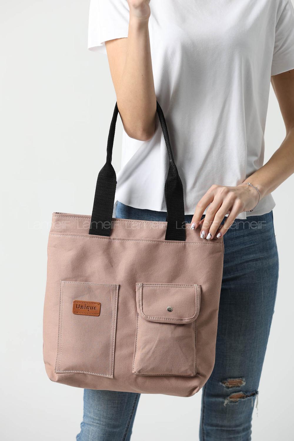 Lamelif Büyük Boy Üç Bölmeli Kanvas Kadın Çanta Vizonrengi