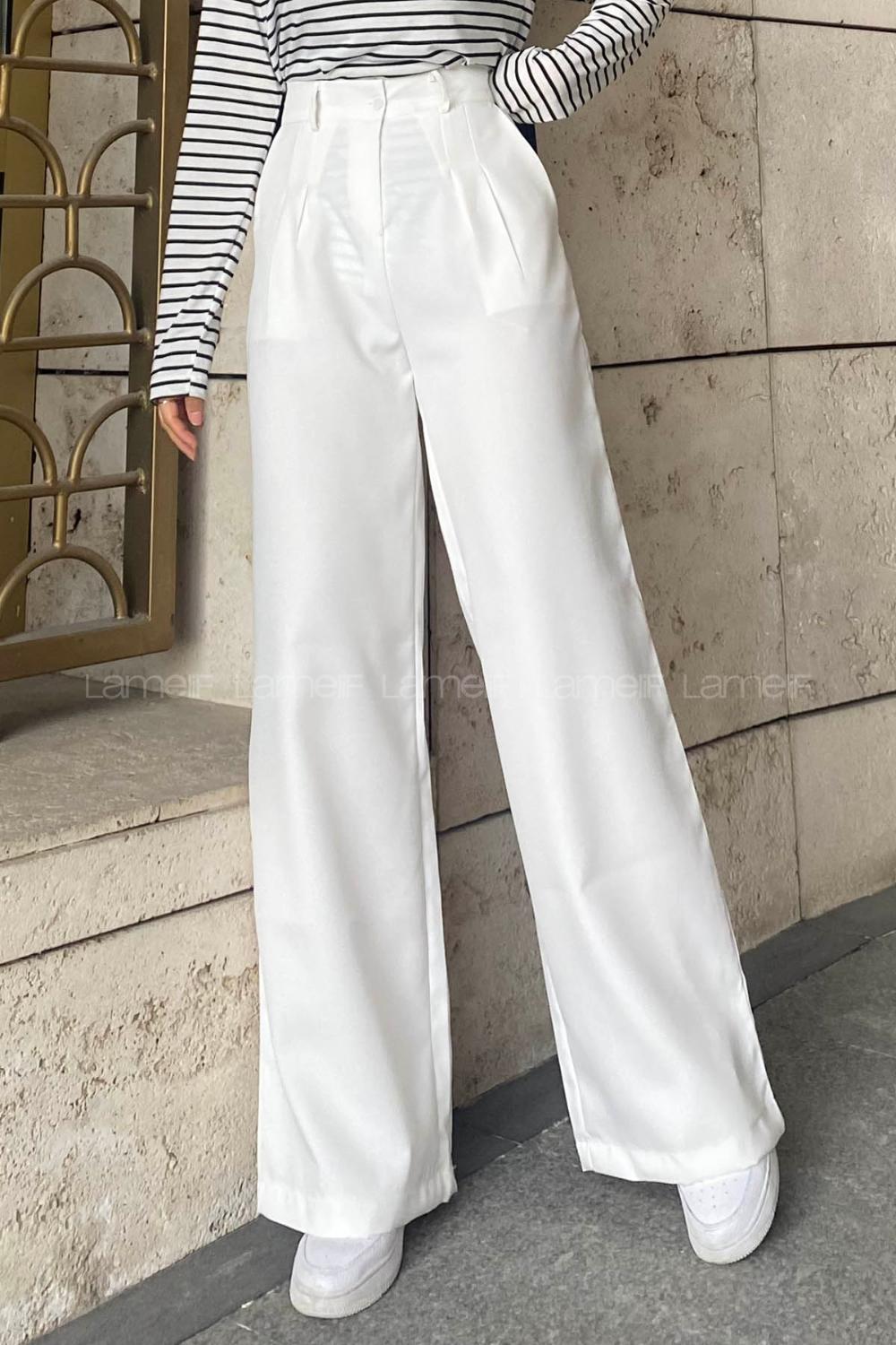 Lamelif Çift Pensli Bol Paça Pantolon Ekru