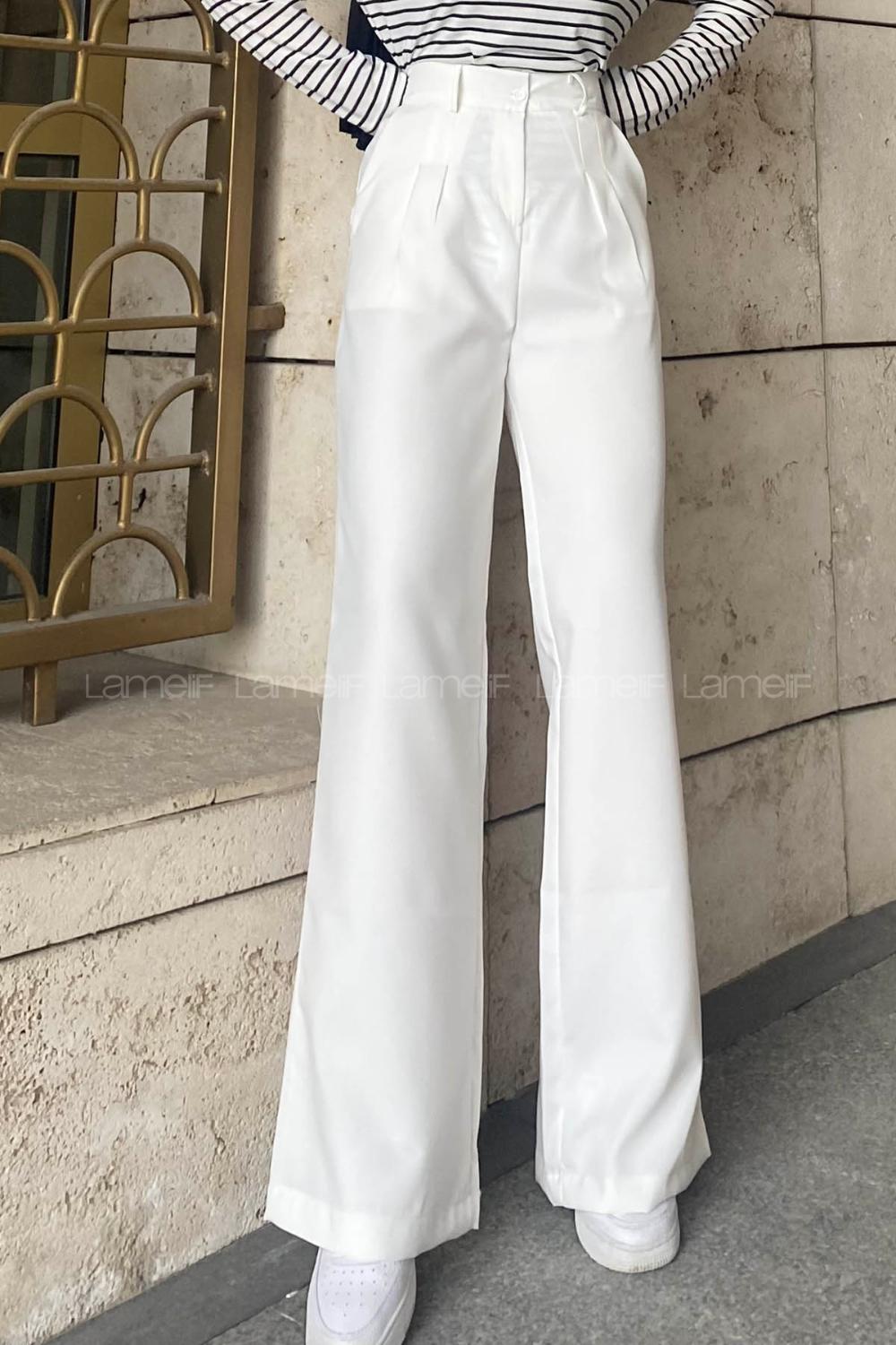 Lamelif Çift Pensli Bol Paça Pantolon Ekru
