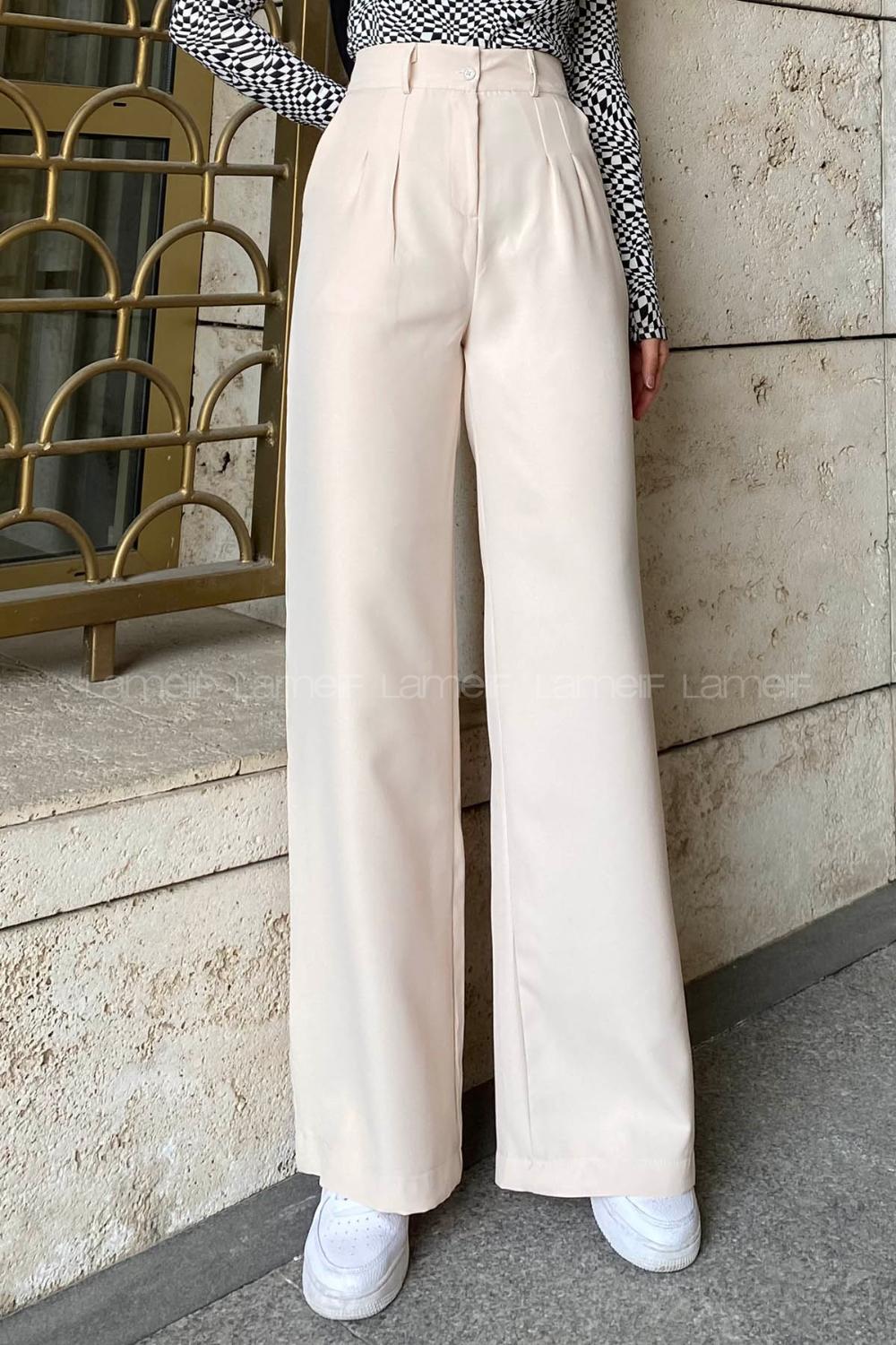 Lamelif Çift Pensli Bol Paça Pantolon Krem
