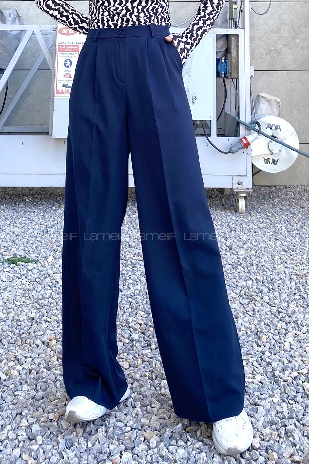 Lamelif Çift Pensli Bol Paça Pantolon Lacivert