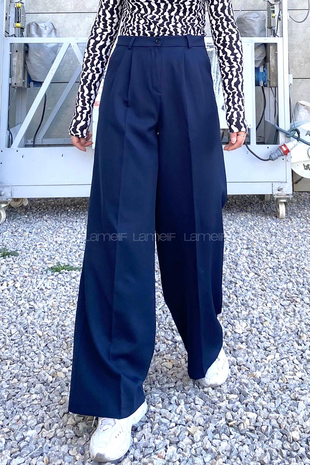 Lamelif Çift Pensli Bol Paça Pantolon Lacivert