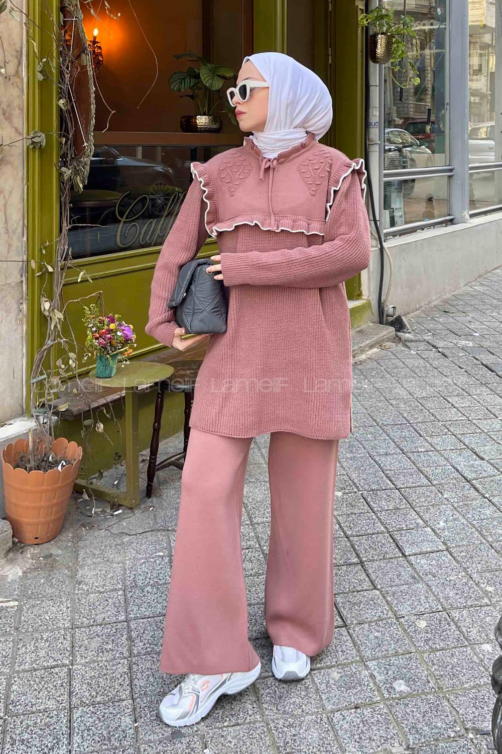 Lamelif Fırfırlı Triko İkili Tesettür Takım Gül