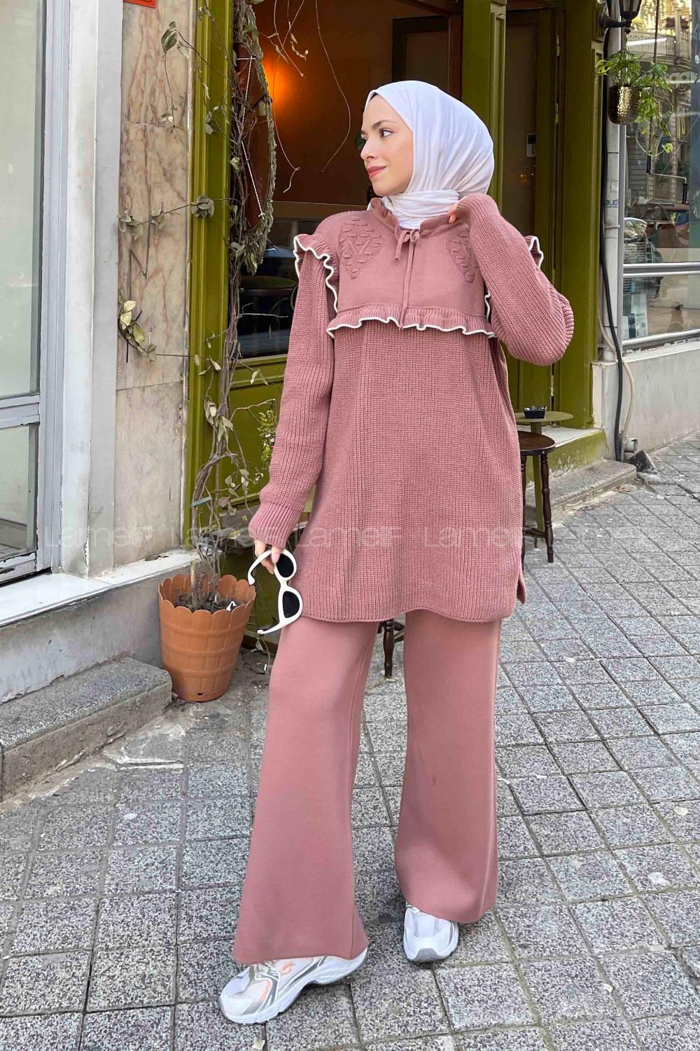 Lamelif Fırfırlı Triko İkili Tesettür Takım Gül