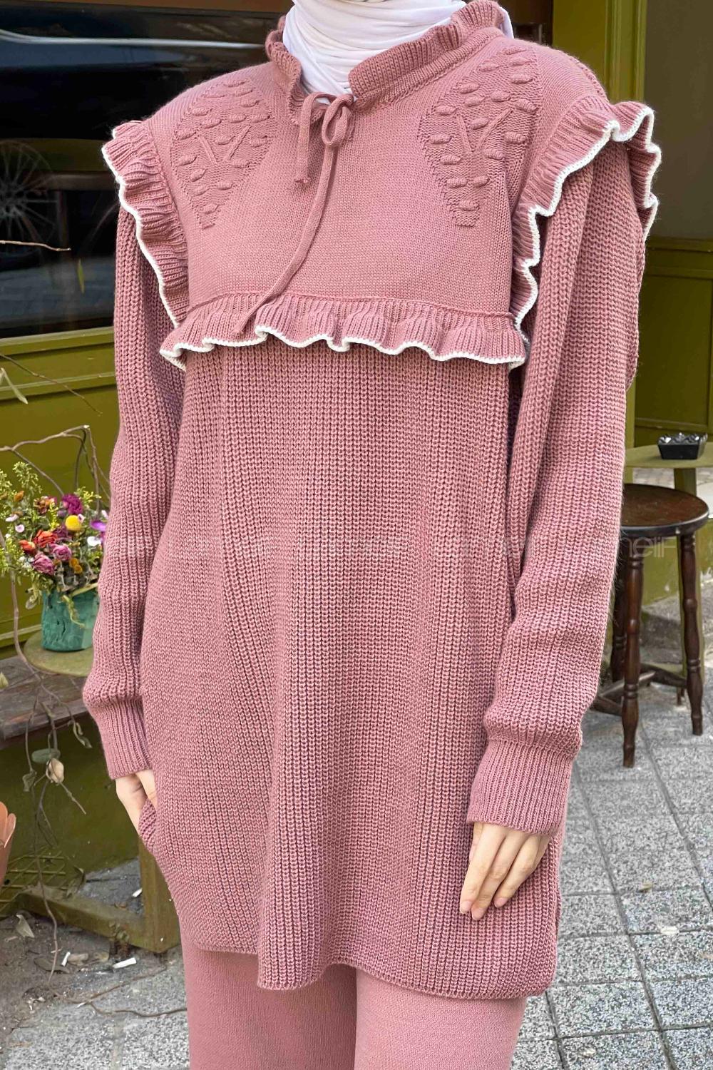 Lamelif Fırfırlı Triko İkili Tesettür Takım Gül