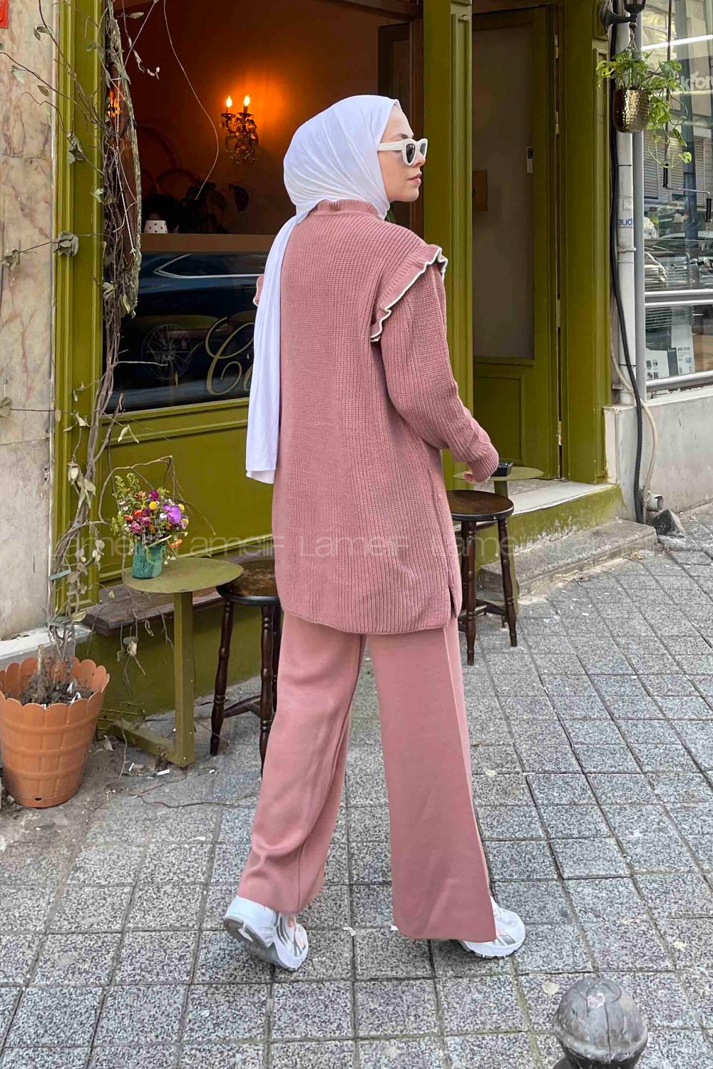 Lamelif Fırfırlı Triko İkili Tesettür Takım Gül
