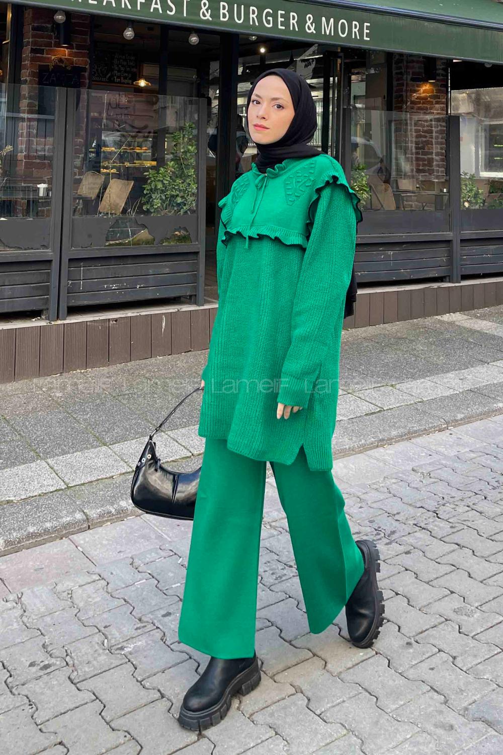 Green Mock Turtle Neck Long Arm Without Accessories Knitwear Regular Trousers Comfortable Suit