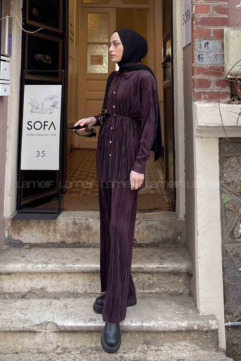 Eggplant Purple Shirt Collar Long Arm Poplin Fabric Regular Trousers Pleated Suit