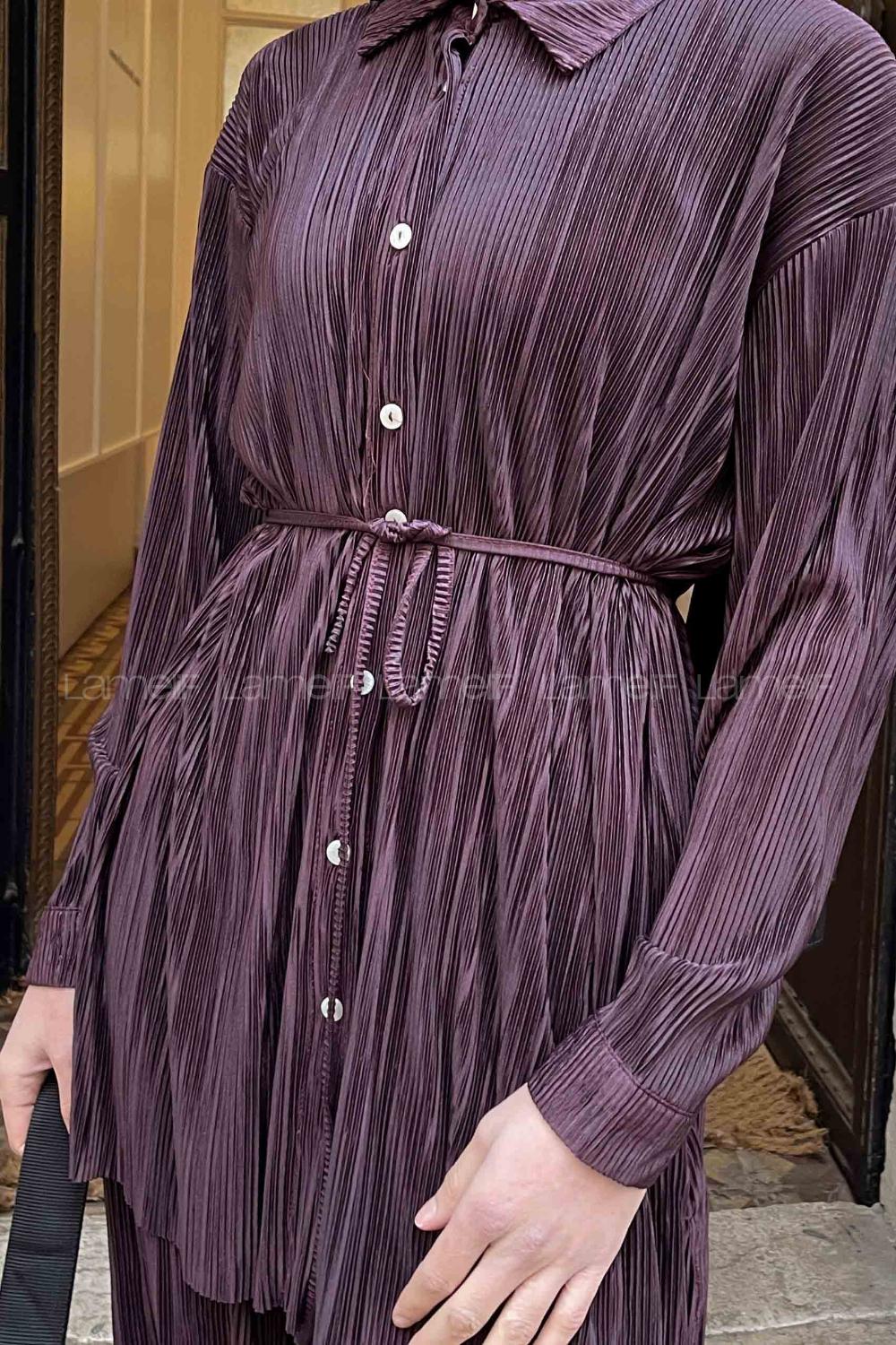Eggplant Purple Shirt Collar Long Arm Poplin Fabric Regular Trousers Pleated Suit