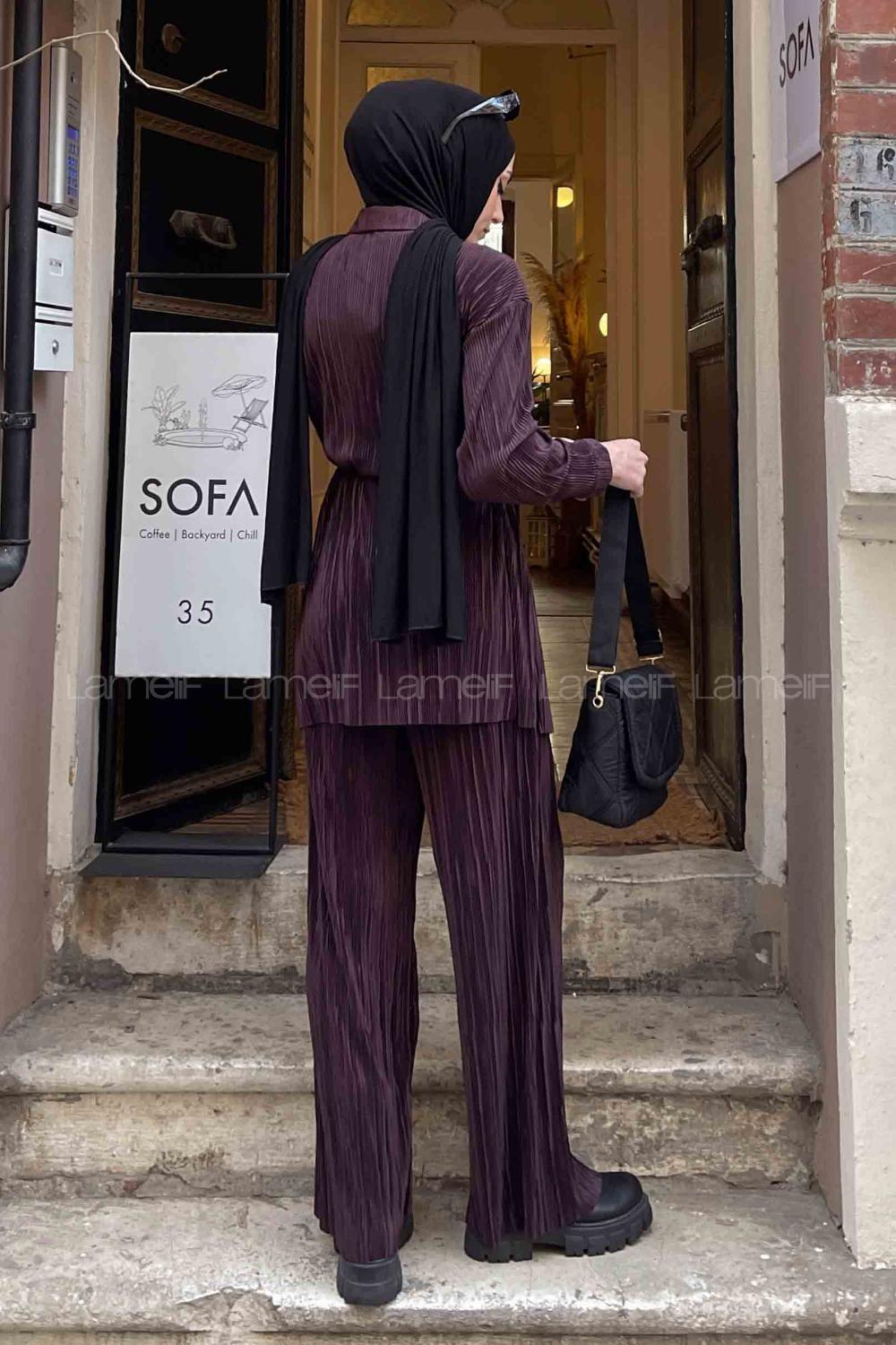 Eggplant Purple Shirt Collar Long Arm Poplin Fabric Regular Trousers Pleated Suit