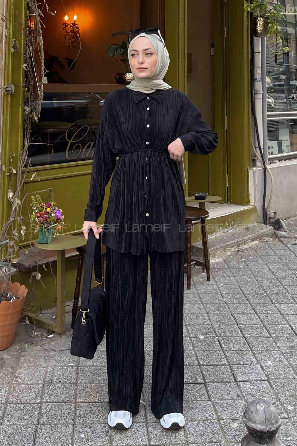 Lamelif Fitilli Pliseli  İkili Tesettür Takım Siyah
