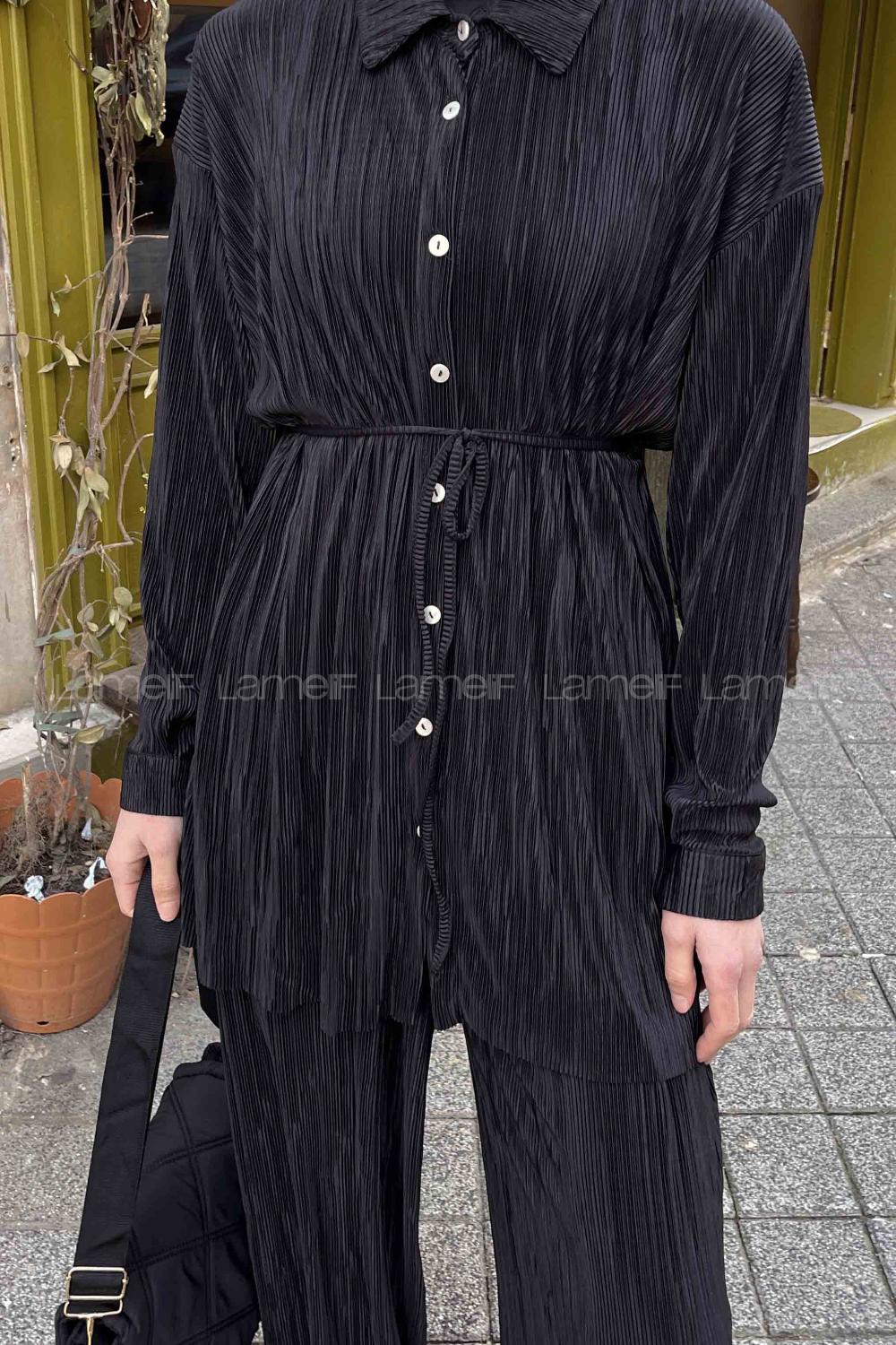 Lamelif Fitilli Pliseli  İkili Tesettür Takım Siyah