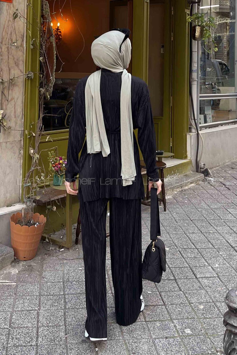 Lamelif Fitilli Pliseli  İkili Tesettür Takım Siyah