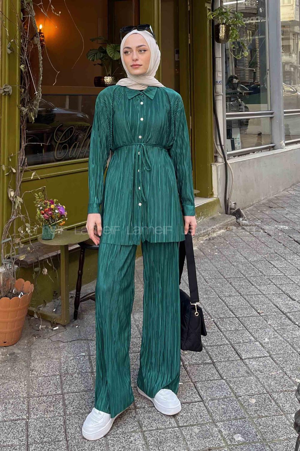 Lamelif Fitilli Pliseli İkili Tesettür Takım Zümrüt