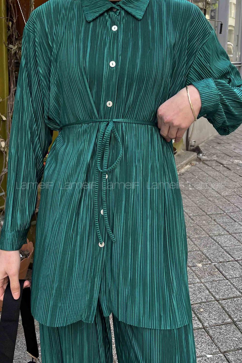 Lamelif Fitilli Pliseli İkili Tesettür Takım Zümrüt