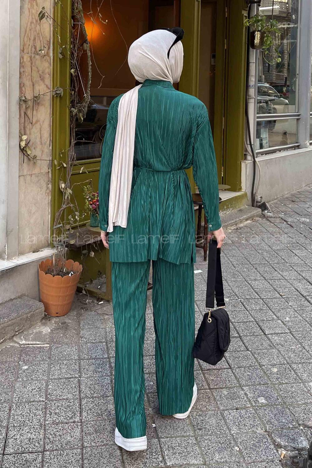 Lamelif Fitilli Pliseli İkili Tesettür Takım Zümrüt