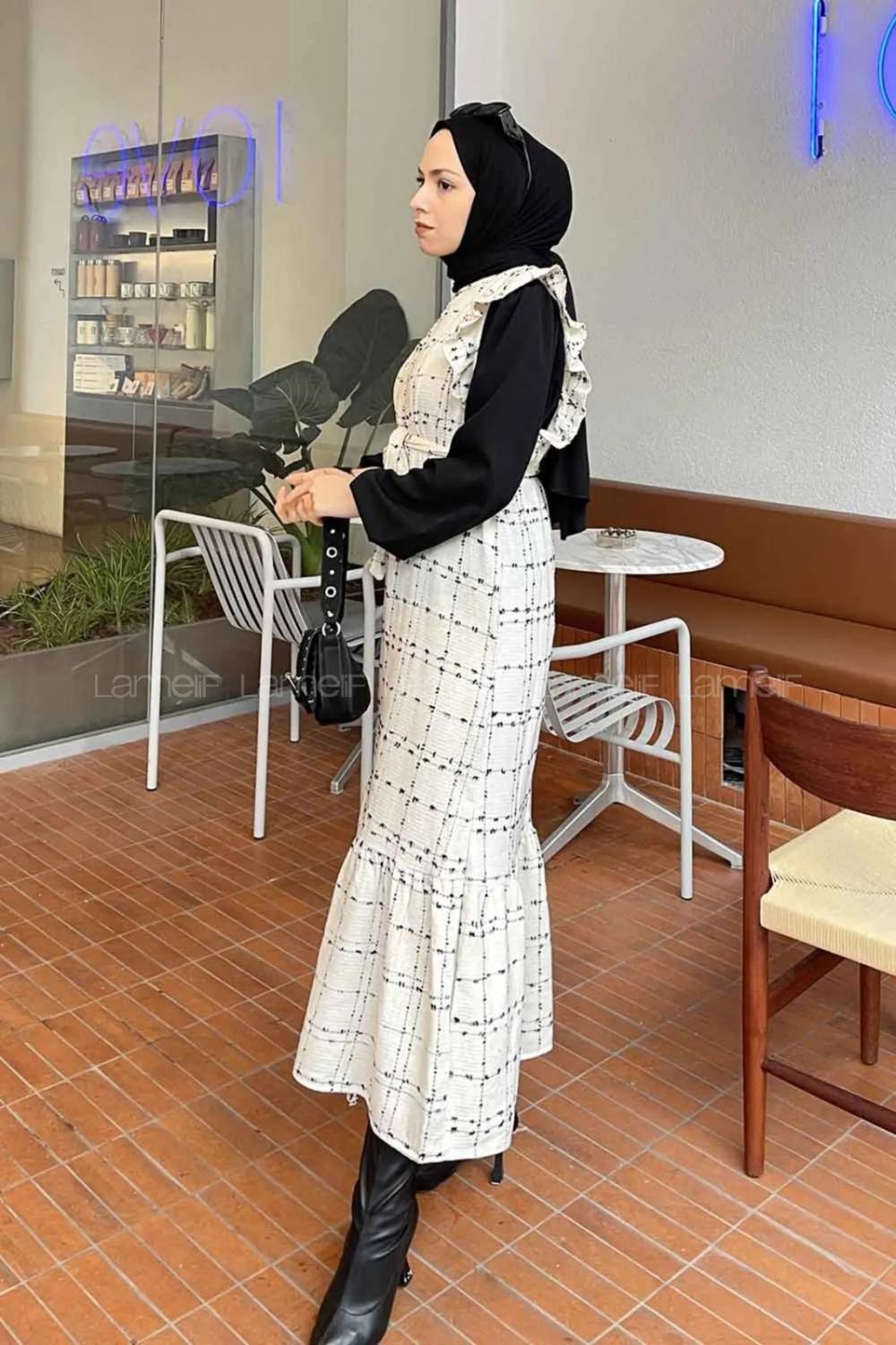 Lamelif Javed  Sıfır Kol Detaylı Elbise Ekru