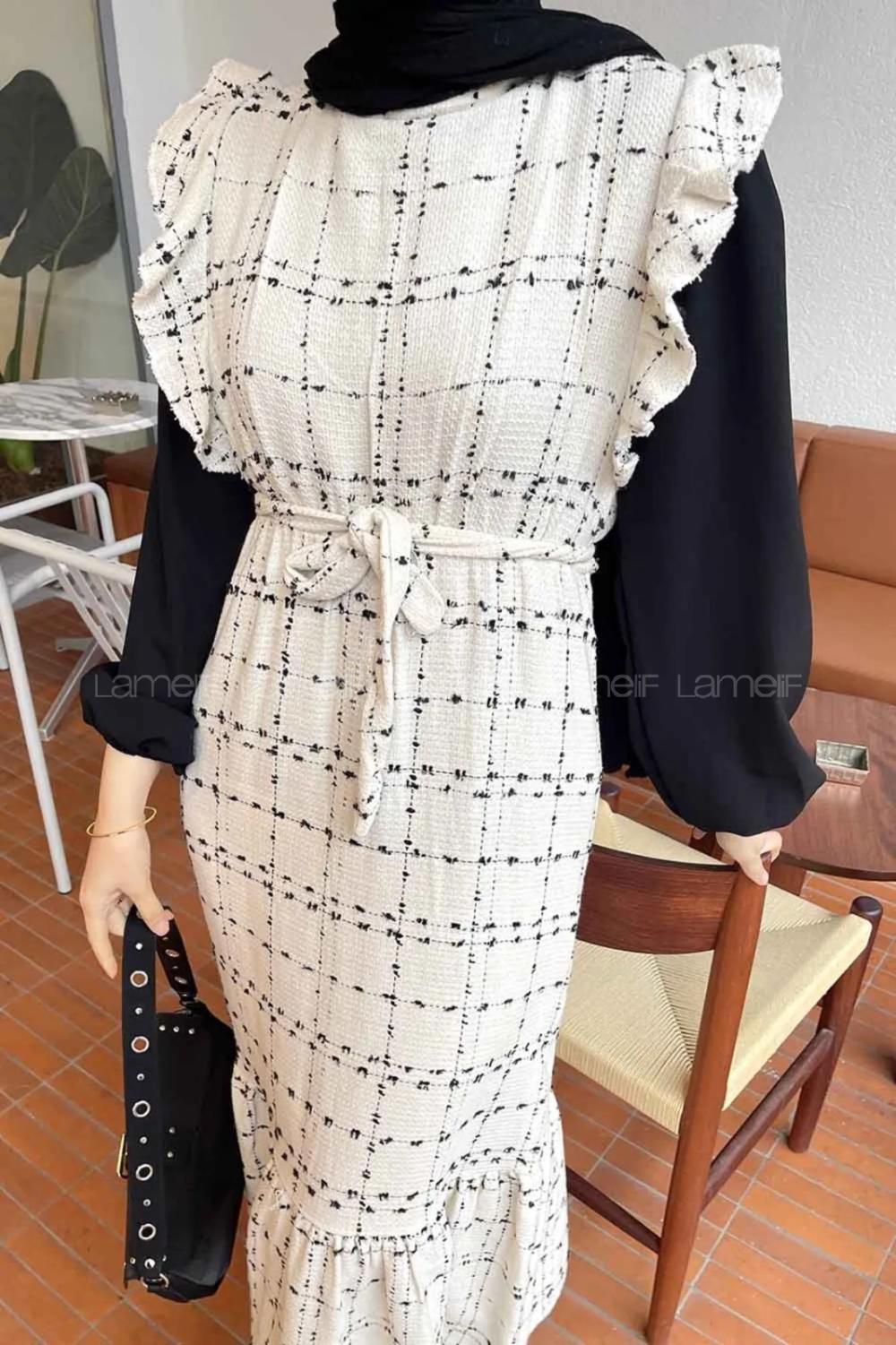 Lamelif Javed  Sıfır Kol Detaylı Elbise Ekru