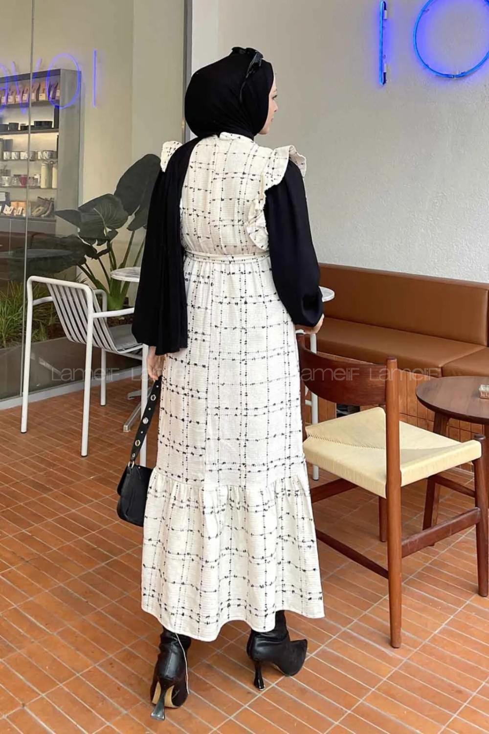 Lamelif Javed  Sıfır Kol Detaylı Elbise Ekru