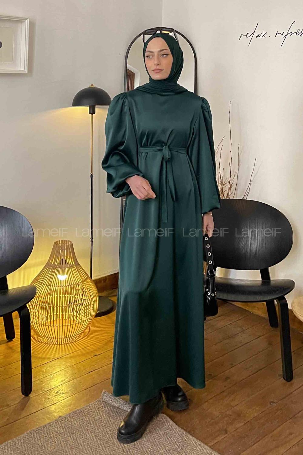 Lamelif Karpuz Kol Saten Tesettür Elbise Zümrüt