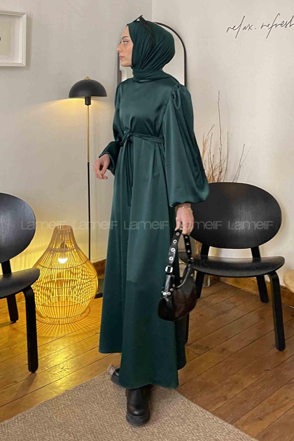 Lamelif Karpuz Kol Saten Tesettür Elbise Zümrüt