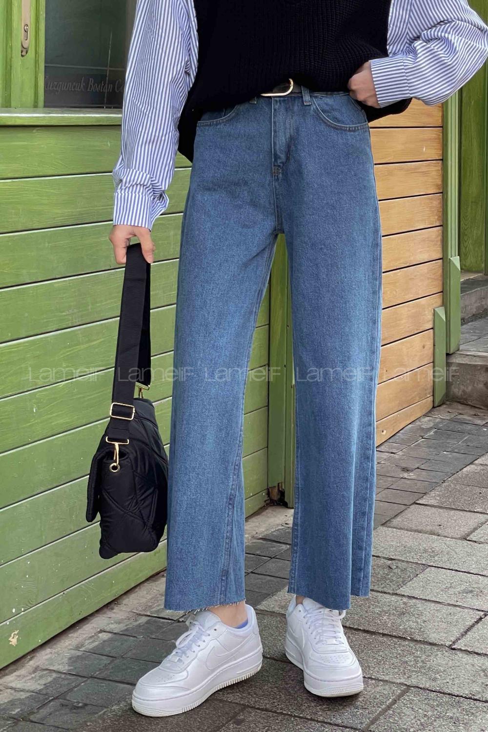 Lamelif Kesik Paça Midi Boy Pantolon Kot Mavisi