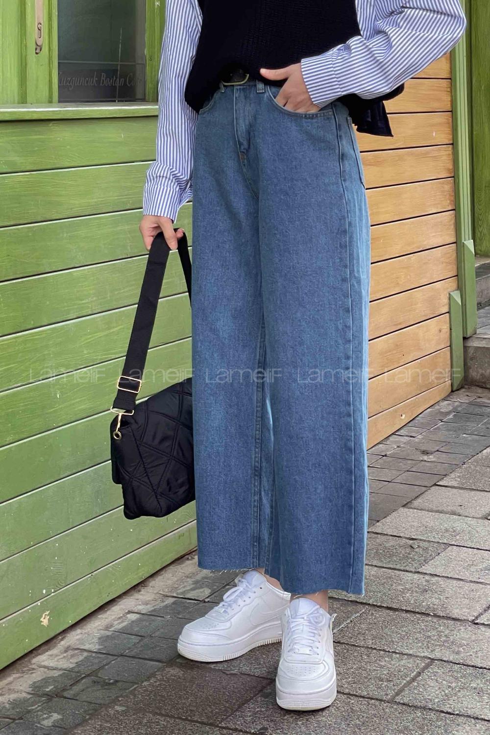 Lamelif Kesik Paça Midi Boy Pantolon Kot Mavisi