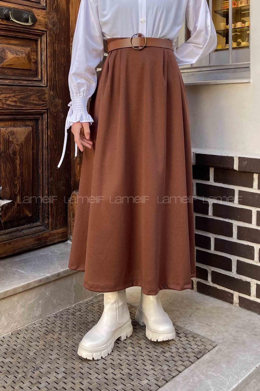 Brown Crepe Fabric Pleated Skirt