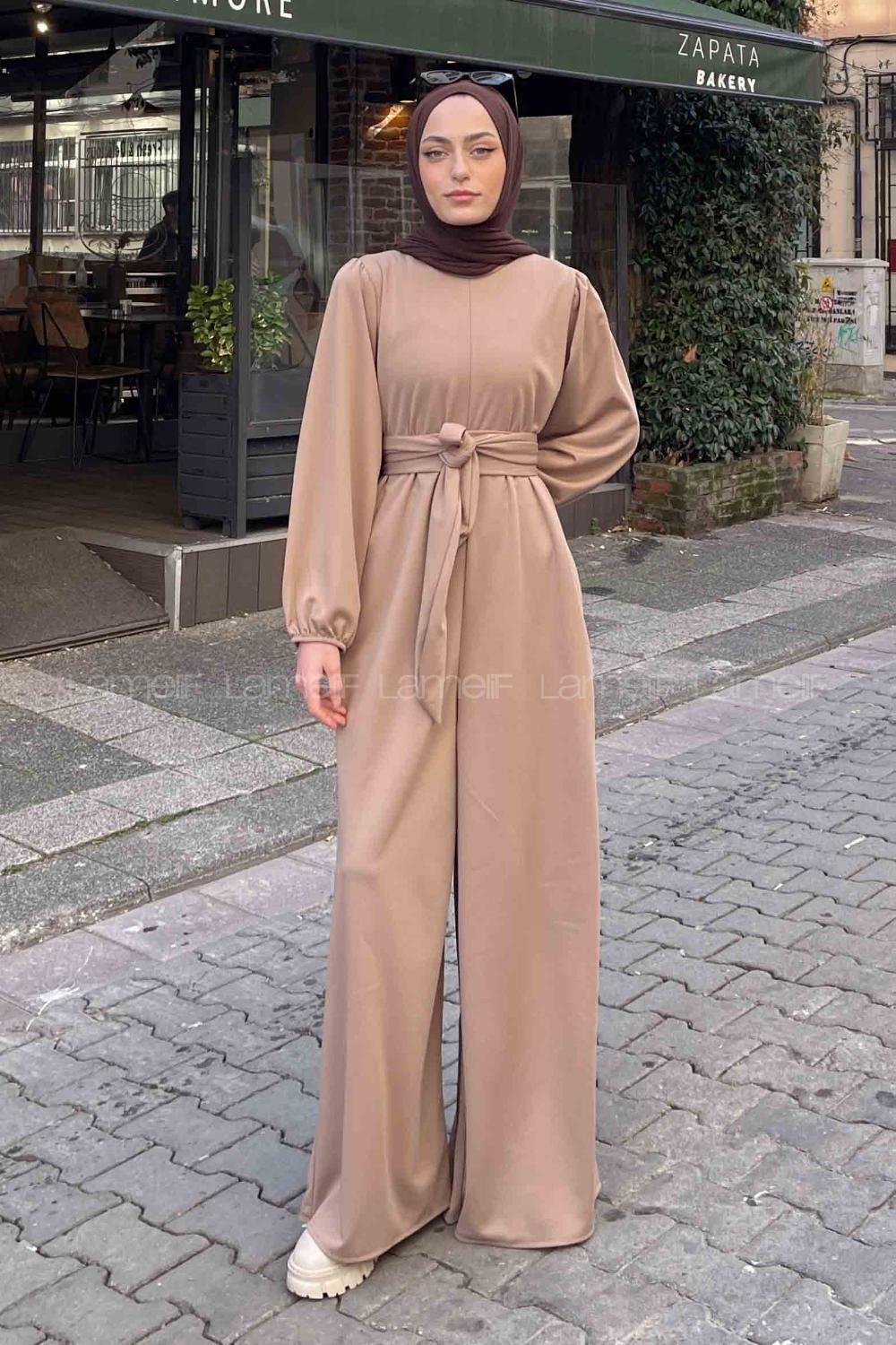 Beige Crew Neck Mira Fabric Unprinted Overalls