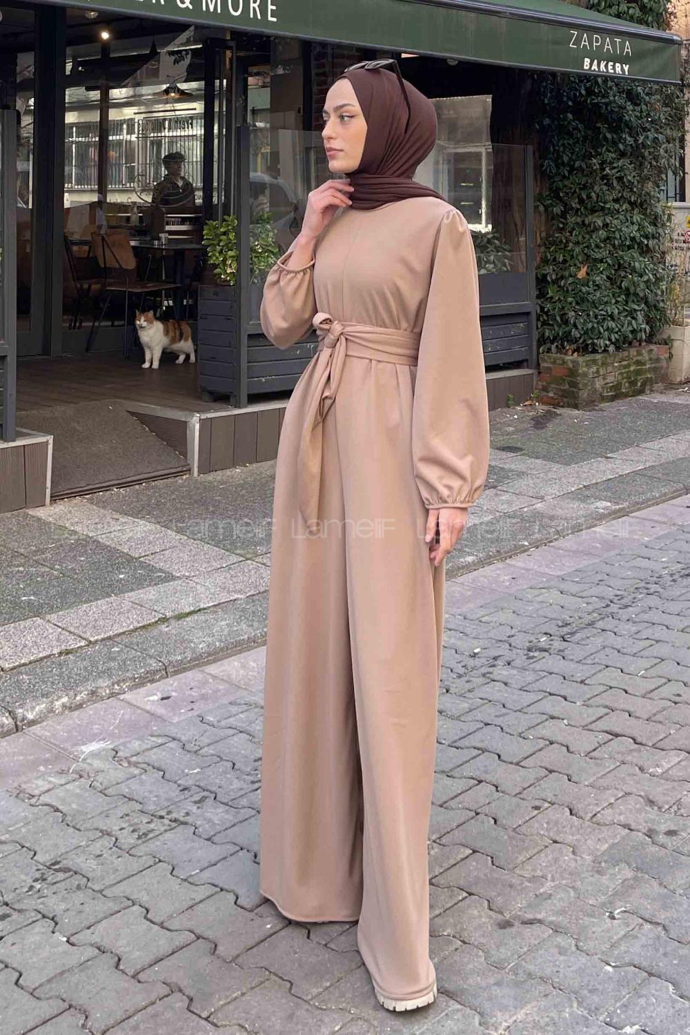 Beige Crew Neck Mira Fabric Unprinted Overalls