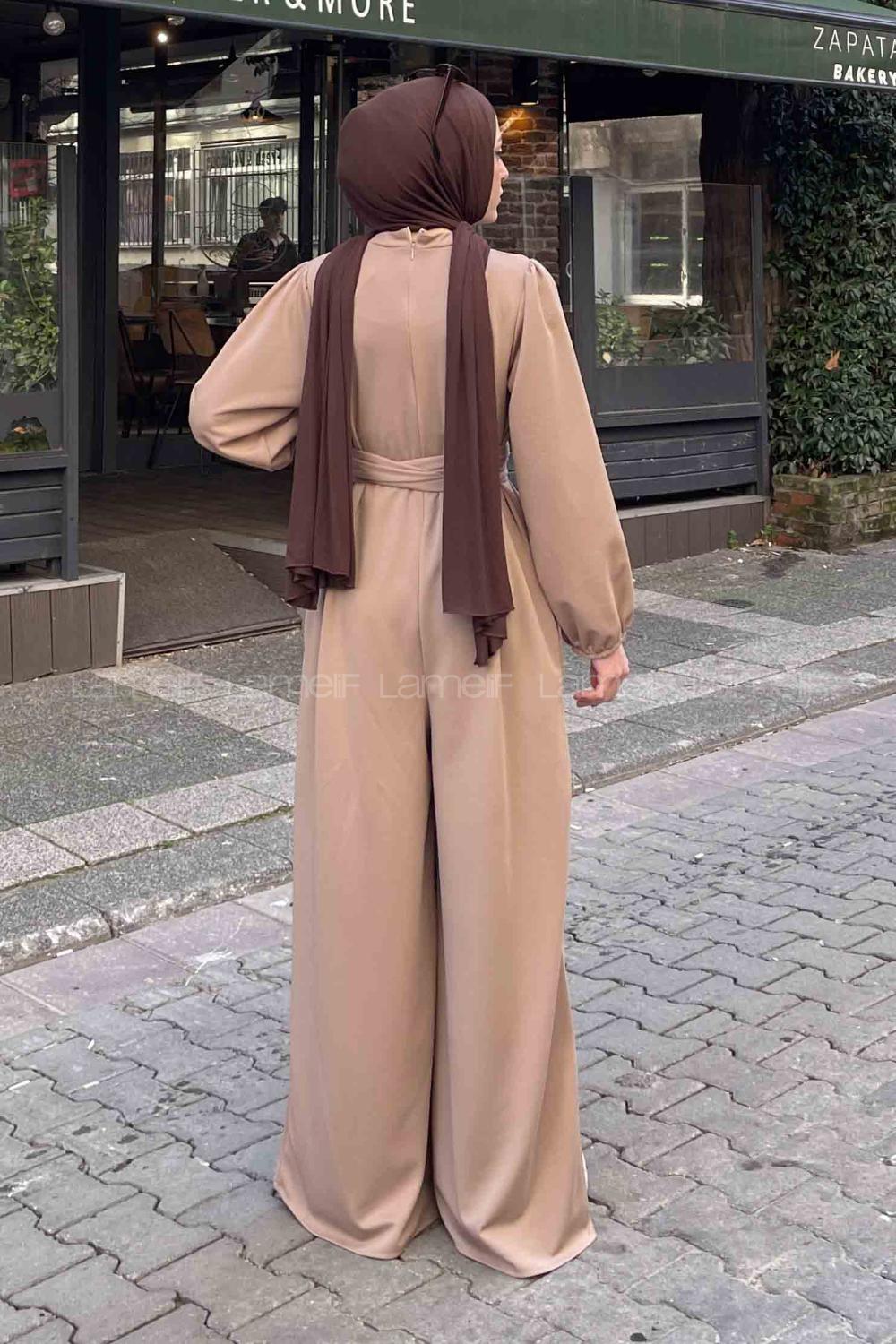 Beige Crew Neck Mira Fabric Unprinted Overalls