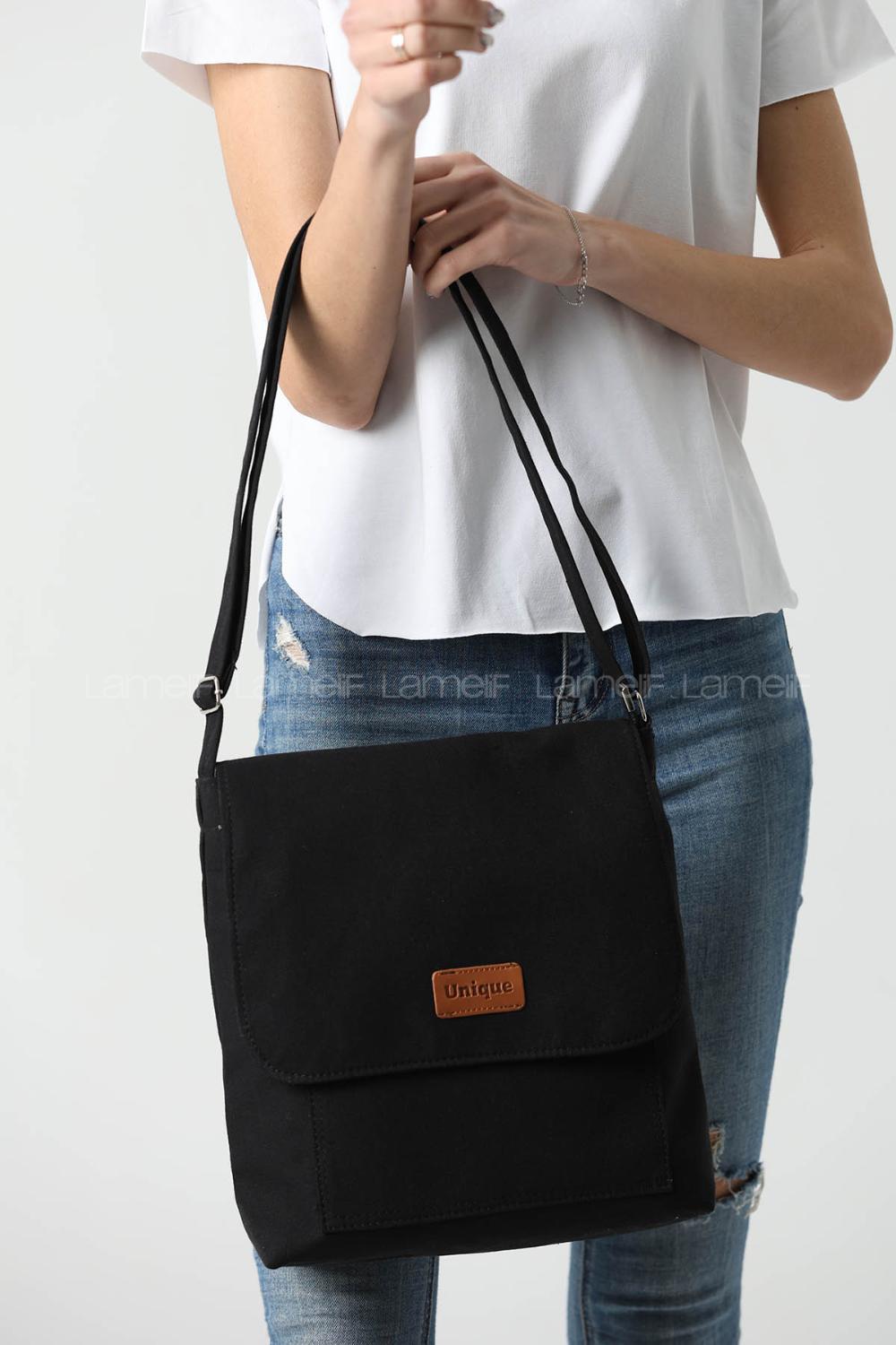 Lamelif Unique Orta Boy Kanvas Postacı Çanta Siyah