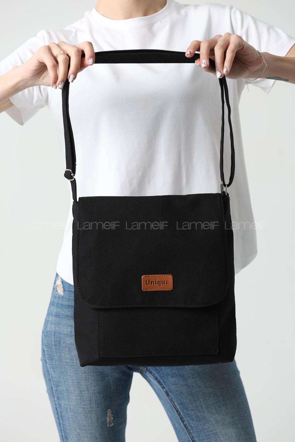 Lamelif Unique Orta Boy Kanvas Postacı Çanta Siyah