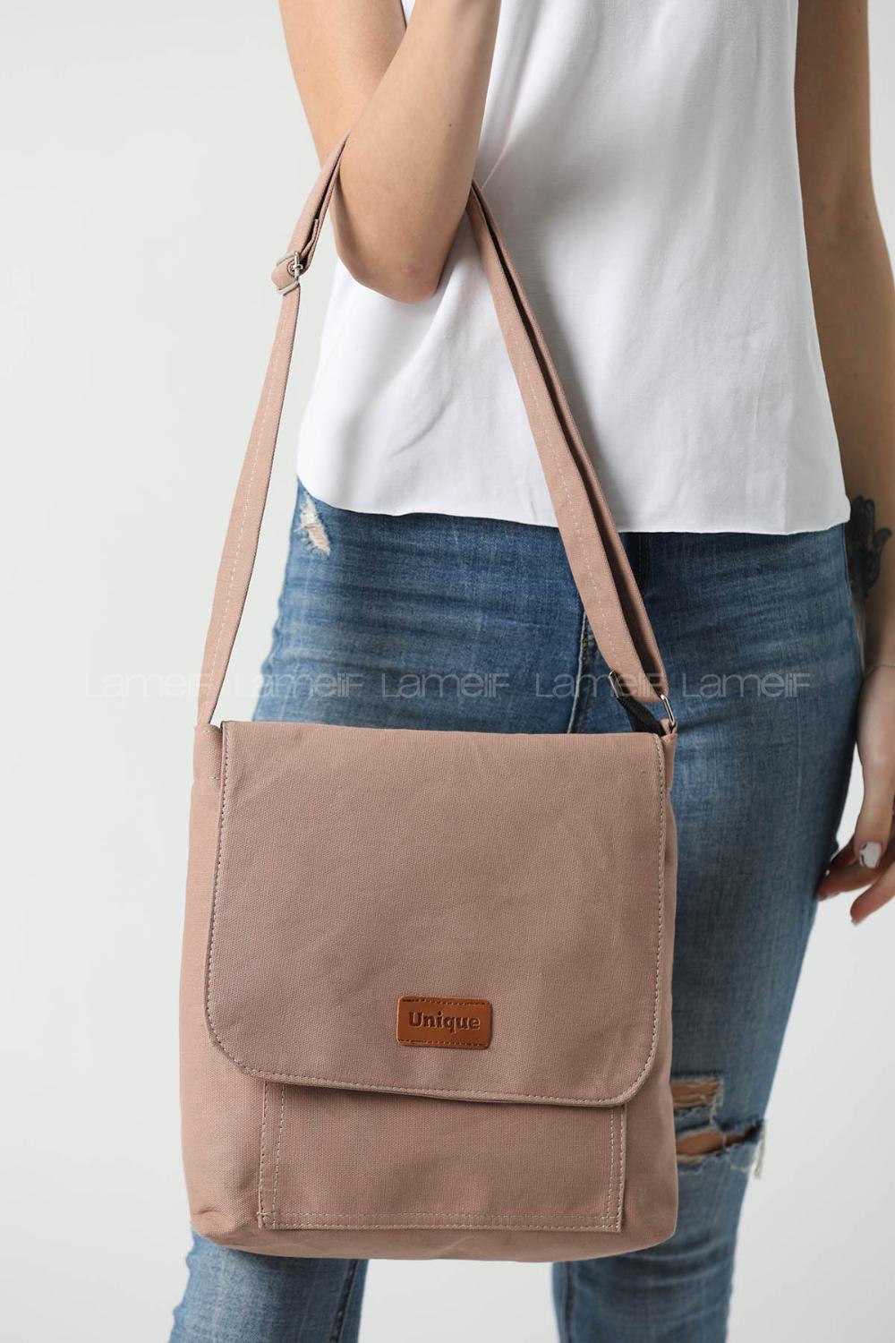 Lamelif Unique Orta Boy Kanvas Postacı Çanta Vizonrengi