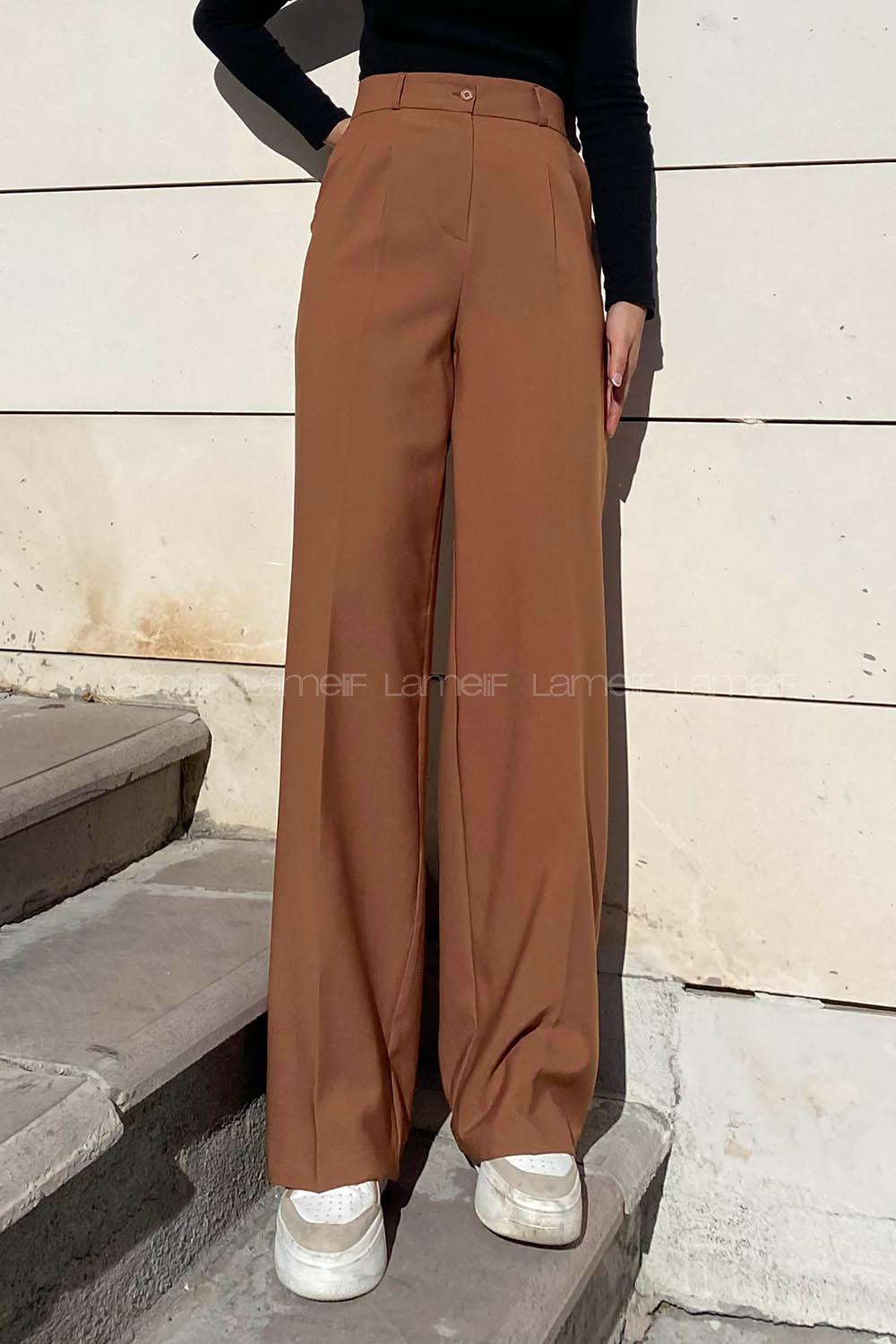 Lamelif Çift Pensli Bol Paça Pantolon Camel