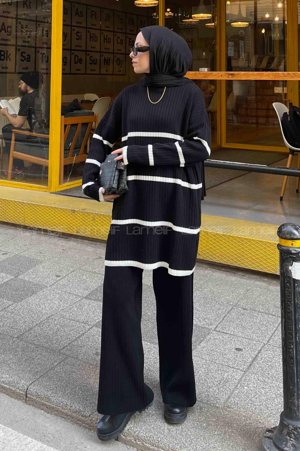 Black Medium Crew Neck Long Arm Knitwear Regular Trousers Comfortable Suit
