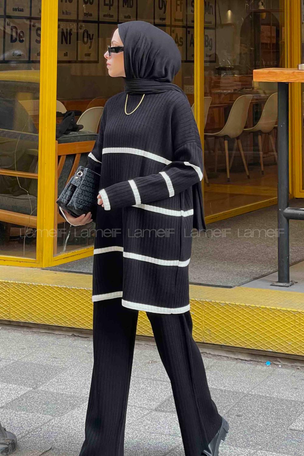 Black Medium Crew Neck Long Arm Knitwear Regular Trousers Comfortable Suit