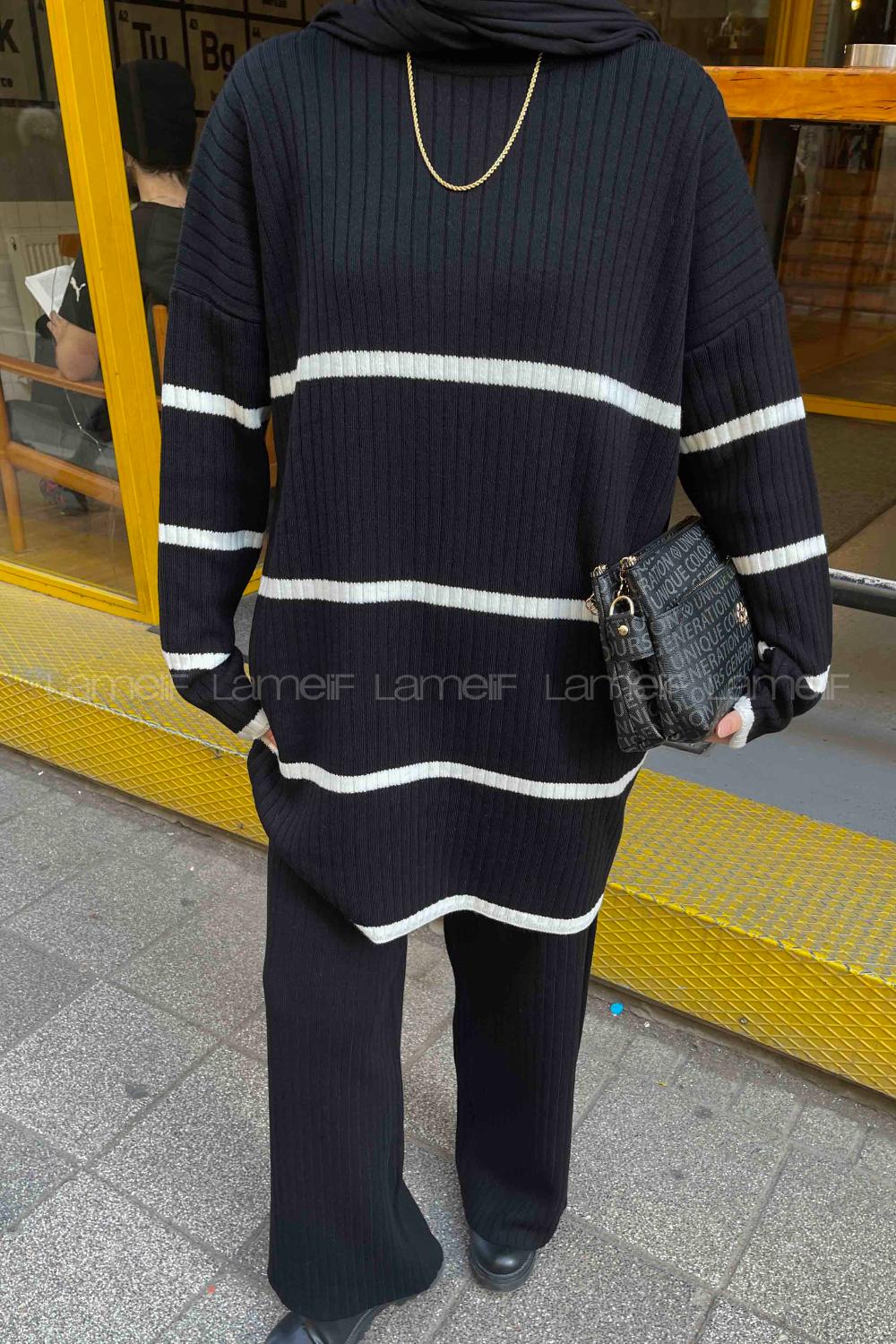 Black Medium Crew Neck Long Arm Knitwear Regular Trousers Comfortable Suit