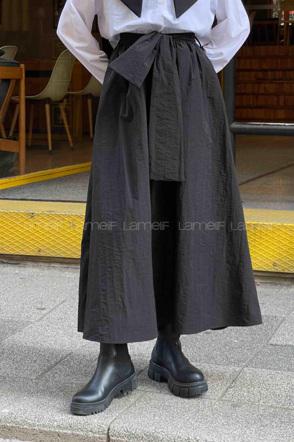 Lamelif Kuşaklı Paraşüt Etek Siyah