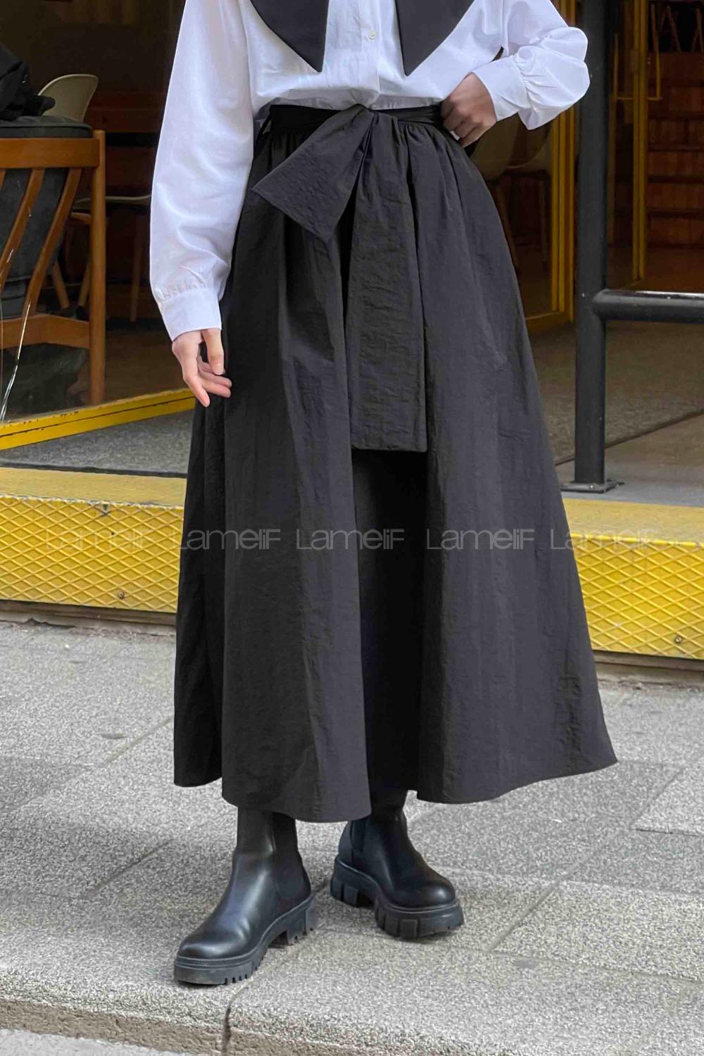 Lamelif Kuşaklı Paraşüt Etek Siyah